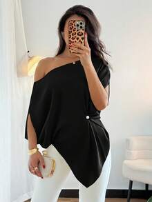 Rafferiza 优雅、日常休闲百搭，性感斜肩设计，不对称剪裁，落肩袖，腰部褶裥，绿色女士春夏上衣，衬衫，不对称肩部上衣 - 黑色 - 查看 7