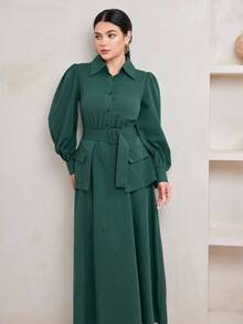 Veilorie Waist Sash Decor Shirt Collar Lantern Sleeve Long Sleeve Women's Long Dress - Green - View 2