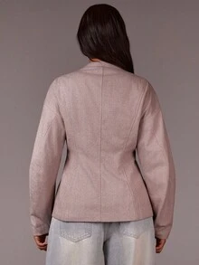 Athîral Women's Pink Jacquard Tweed Open-Front Jacket | Soft Textured Jacquard Woven With Sculpted Waist, Stand Collar & Relaxed Long Sleeves For Effortless Minimalist Layering (Office/Street/Lounge/Fall Spring Outerwear) - Coffee Brown - View 6