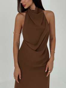 Aloruh New Sexy Backless Sleeveless Off-Shoulder Ruched Decor Slimming Concealed Belly Long Cocktail Party Music Festival Versatile Relaxed Fit Vintage Eggplant Purple Flowy Dress,Dresses For Women Party