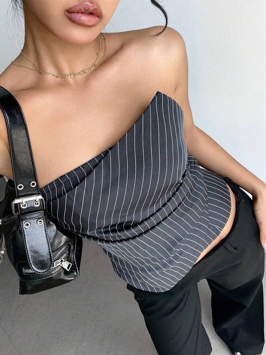 Aloruh Women's Autumn/Winter New Commuting Daily Outing Waist-Cinched Tight Asymmetric Pleated Striped Dark Gray Top - Dark Grey - View 1