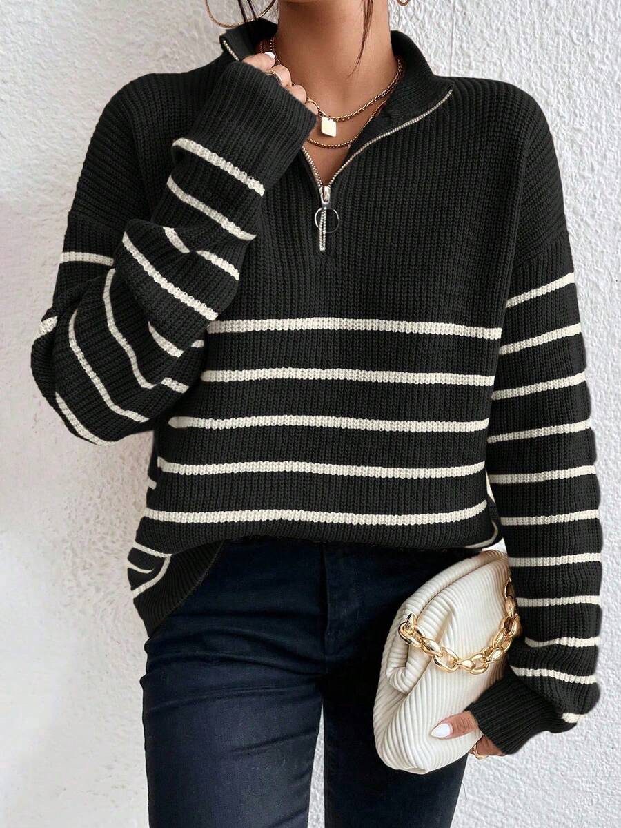 女士秋季条纹落肩长袖拉链休闲宽松套头衫 - 黑色 - 查看 1