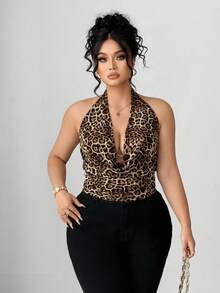 Elenzga Plus Size Women Elegant Party Sexy Halter Plunging Neck Leopard Print Camisole - Multicolor - View 5