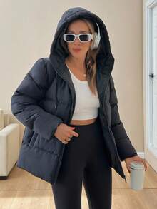 EURMUSE Women Solid Color Zipper And Pocket Detailed Winter Coats Puffer Jacket Black Puffer Jacket Womens Puffer Jacket Hooded Puffer Jacket Black Jacket Women - Black - View 3