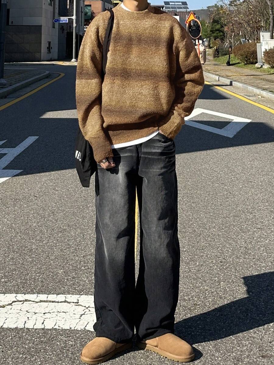 DAZY Herren Lässig Farbverlauf gestreifter Rundhals Langarm Pullover, Herbst, Grunge Stil