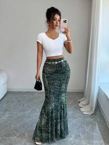 Rafferiza 女式高腰豹纹喇叭美人鱼长裙，适合春夏秋冬 - 綠色 - 查看 1