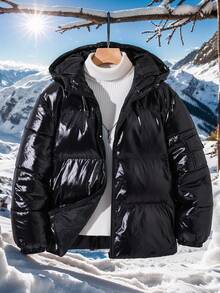 SHEIN 1 Piece Tween Boy Casual Sports College Simple Hooded Black All-Match Padded Coat With Shiny Fabric, Winter Coat, Quilted Coat Jacket Suitable For Kids Outfits Toddler Boy Clothes Back To School Boys Set Suitable For Birthday Parties, Evening Parties, Performances, Weddings, Baptisms, Opening Ceremonies Daily Suitable For Daily Use Suitable For School Suitable For Travel  Suitable For Autumn And Winter Seasons Winter Coats Down Coats Y2k Coat Streetwear Fall - Black - View 4