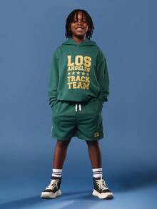 SUMWON Tween Los Angeles Track Team Matching Hoodie Sweatshirt And Shorts Set With Varsity Graphics And Side Pockets Winter Co-Ord Set With Drawstring Waist Fall - Green - View 1