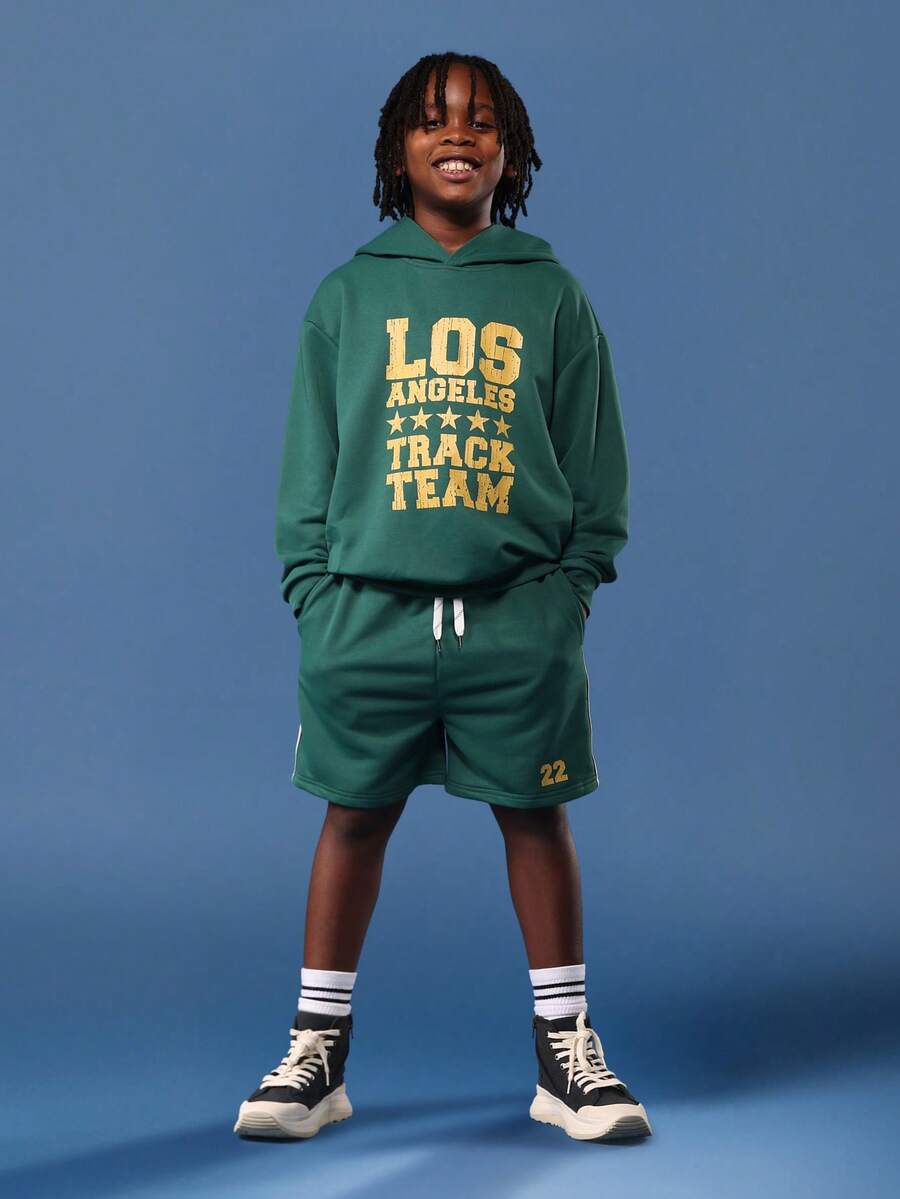 SUMWON Tween Los Angeles Track Team Matching Hoodie Sweatshirt And Shorts Set With Varsity Graphics And Side Pockets Winter Co-Ord Set With Drawstring Waist Fall - Green - View 1