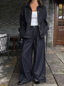 DAZY Women's Denim Jacket With Collar And Belt, Paired With Loose Wide-Leg Denim Pants, 2 Pieces Casual Denim Suit - Dark Wash - View 2