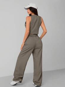 SHEIN PETITE 女士单排扣背心和裤子正式商务套装，夏季秋冬 - 摩卡棕 - 查看 2