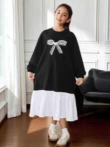 SHEIN 青少年女孩休闲优雅蕾丝拼布蝴蝶结印花宽松超大长袖撞色 A 字运动衫裙，黑白，复古优雅运动衫裙 - 黑色 - 查看 7