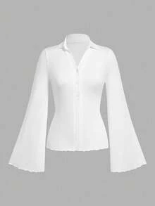 SHEIN MOD 休闲复古风立领喇叭袖女式T恤，适合秋冬季节和机场穿着。 - 彩色 - 查看 6