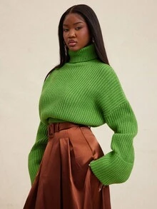 NYA SZN 长袖高领露脐上衣，宽松罗纹针织面料，弹力收腰设计，日常休闲街头风，简约大方，商务休闲，适合办公室、教师、返校季、秋冬季穿着，通勤、节日等场合皆宜，女士必备。 - 綠色 - 查看 1
