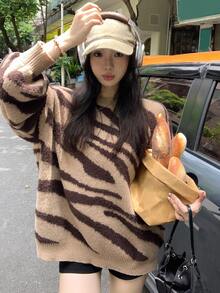 DAZY Suéter holgado con estampado de cebra para mujer, estilo casual de calle para otoño/invierno - Café integral - Ver 3