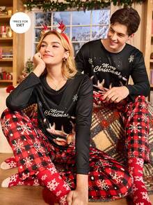 CoupledUp 情侣款圣诞休闲长袖睡衣套装，鹿纹格子雪花图案，适合秋冬季穿着，圣诞睡衣套装，情侣款圣诞睡衣，圣诞睡衣，圣诞服装 - 黑色 - 查看 2