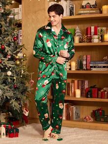 CoupledUp 情侣款圣诞老人驯鹿印花缎面翻领长袖上衣和裤子睡衣套装，男士秋冬情侣睡衣套装，圣诞睡衣，男士情侣睡衣，圣诞睡衣 - 綠色 - 查看 6