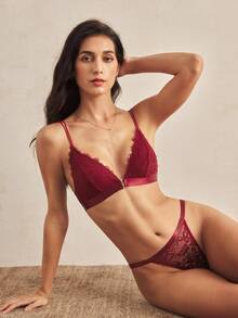 Charlaine Women's Elegant Sexy Solid Color Lace Lingerie Set Red Bra And Panty Set Burgundy Lingerie Set - Burgundy - View 2