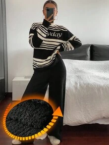 DAZY Bộ đồ ngủ dài tay dệt kim họa tiết sọc họa tiết cho nữ 2 món, đồ mặc nhà thường ngày cho mùa thu/đông, quần áo mùa thu - màu đen - Xem 1