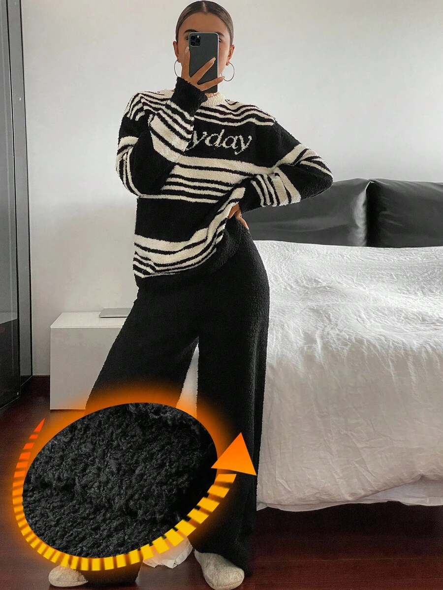 DAZY Bộ đồ ngủ dài tay dệt kim họa tiết sọc họa tiết cho nữ 2 món, đồ mặc nhà thường ngày cho mùa thu/đông, quần áo mùa thu - màu đen - Xem 1