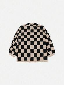 Sweetra Áo khoác cardigan dệt kim dáng rộng, dài tay, hở phía trước, họa tiết caro mùa thu dành cho nữ - Nhiều màu - Xem 2