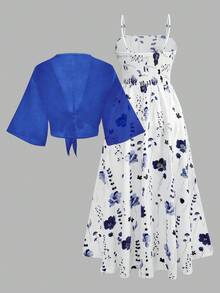 Franclia 大码女式碎花雪纺连衣裙搭配优雅开衫套装，夏季女式碎花连衣裙雪纺外套蓝色花朵连衣裙蓝色夏装蓝白连衣裙女 - 寶藍色 - 查看 2