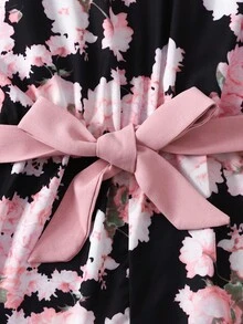 SHEIN 2pcs/Set Tween Girls Autumn Pink Asymmetric Hem Long Sleeve Jacket And Loose Floral Print Jumpsuit, Elegant Casual/Work Outfit Two Piece Outfits Two Piece Sets Floral Two Piece Set Two Piece Jumpsuit Crop Top And Pants Set Fall Winter - Multicolor - View 5