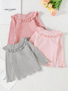 SHEIN Playful Pals 3 件装女婴优雅荷叶边领条纹长袖 T 恤，可爱时尚，适合居家、外出、度假和所有季节 - 彩色 - 查看 2