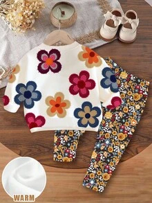 Emery Rose Kids Emery Rose Kids 2 件女婴休闲可爱纹理碎花柔软厚圆领长袖运动衫和花卉图案打底裤套装，适合秋冬季 - 彩色 - 查看 4