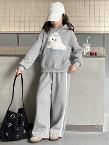 Dazy Kids 2pcs/Set Tween Girls Hooded Fleece Sweatshirt And Pants Set, Autumn/Winter - Grey - View 5