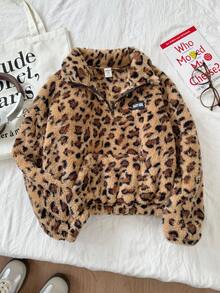 SHEIN Serisse Kids Tween Girls Casual Leopard Print Teddy Fleece Reversible Stand Collar Half-Zip Patch Pocket Loose Fit Long Sleeve Sweatshirt, Autumn/Winter, Fur Jacket Kids, Tween Plush Jacket, Kid Girl Jacket, Girls Cartoon Jackets Fall
