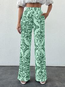 EURMUSE 女式波西米亚风夏季阔腿直筒裤 - 綠色 - 查看 3