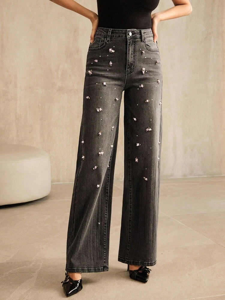 Street Style Floral Embroidered Black Straight Leg Jeans For Women