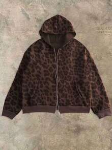 Manfinity Dauomo Leopard Print Casual Loose Fit Zip-Up Hoodies For Men, Fall