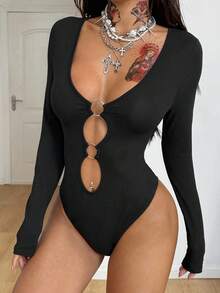 Coolane Women's Fall/All-Season Streetwear Rave Outfit Music Festival Y2K Gyaru Cut Out Stretchy Long Sleeve Black Jumpsuits - Black - View 2