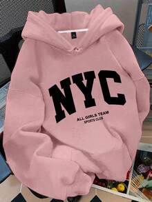 Flirla 大码女式标语字母“NYC ALL GIRLS TEAM SPORTS CLUB”城市名称图案印花保暖抽绳卫衣 - 藕粉色 - 查看 1
