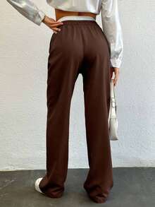 SHEIN Tall Colorblock Wide Leg Pants With Drawstring Wide Leg Sweatpants Brown Pants Flare Sweat Pants Straight Leg Pants Petite Wide Leg Pants - Rust Brown - View 2