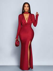 SOLERSUN Women's Elegant Modern Front Deep Cowl Neck Long Sleeve Cropped Tight High Slit Mermaid Maxi Dress Fall Cloth For Women - Red - View 8