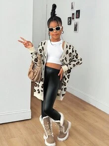 SHEIN 秋季青少年女孩休闲豹纹开衫 - 杏色 - 查看 3