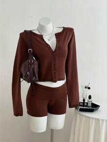 SHEIN Unity Women's Casual Cardigan And Folded Knit Shorts 2 Pieces Set, Autumn/Winter Brown Two Piece Set Fall Cloth For Women - Brown - View 1