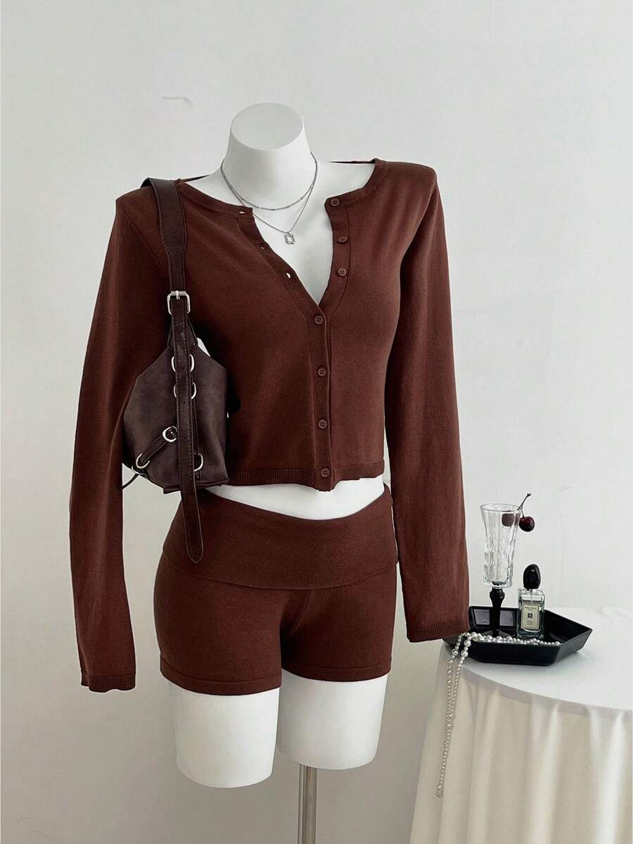 SHEIN Unity Women's Casual Cardigan And Folded Knit Shorts 2 Pieces Set, Autumn/Winter Brown Two Piece Set Fall Cloth For Women - Brown - View 1