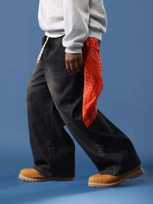 SUMWON 棉质青少年男童阔腿牛仔裤滑板风格经典原色牛仔宽松版型街头潮流休闲宽松裤四季日常下装宽松剪裁 - 黑色 - 查看 6