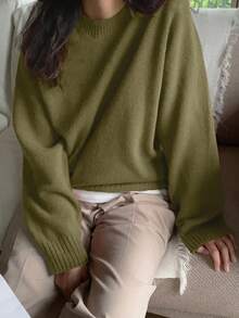 DAZY 女士休闲日常纯色保暖常规针织毛衣，秋冬，秋季女装 - 軍綠色 - 查看 5
