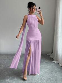 Selianne 女式纯色无袖优雅露背修身开叉连衣裙 - 淡紫色 - 查看 4