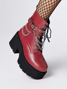 ROMWE Grunge Punk Botas de tobillo con suela gruesa y tacón ancho de estilo punk para mujer, con decoración de cadena metálica gótica, plataforma, botas de combate cómodas, para Halloween