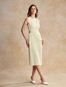 House of One Pleats Solid Woven Midi Dress With Metal Buckle Women Summer Autumn Elegant Casual Dress