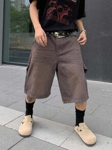 Manfinity EMRG 男士休闲宽松纽扣牛仔短裤 - 棕色 - 查看 3