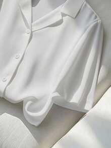 Franclia Áo sơ mi tay ngắn cổ bẻ màu trơn thường ngày dành cho nữ, mùa hè - trắng - Xem 3