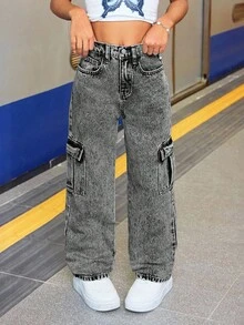 SHEIN 少女休闲宽松牛仔裤，带翻盖口袋和撞色缝线细节，直筒工装裤，适合春夏秋冬穿着。 - 黑色 - 查看 3