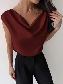 Firerie Bộ đồ liền thân bằng vải satin không tay cổ nhún bất đối xứng mới thanh lịch dành cho nữ, màu mơ, thiết kế tối giản, thích hợp cho các buổi hẹn hò, đi làm, mặc công sở, sang trọng - Màu Đỏ Sâu - Xem 6